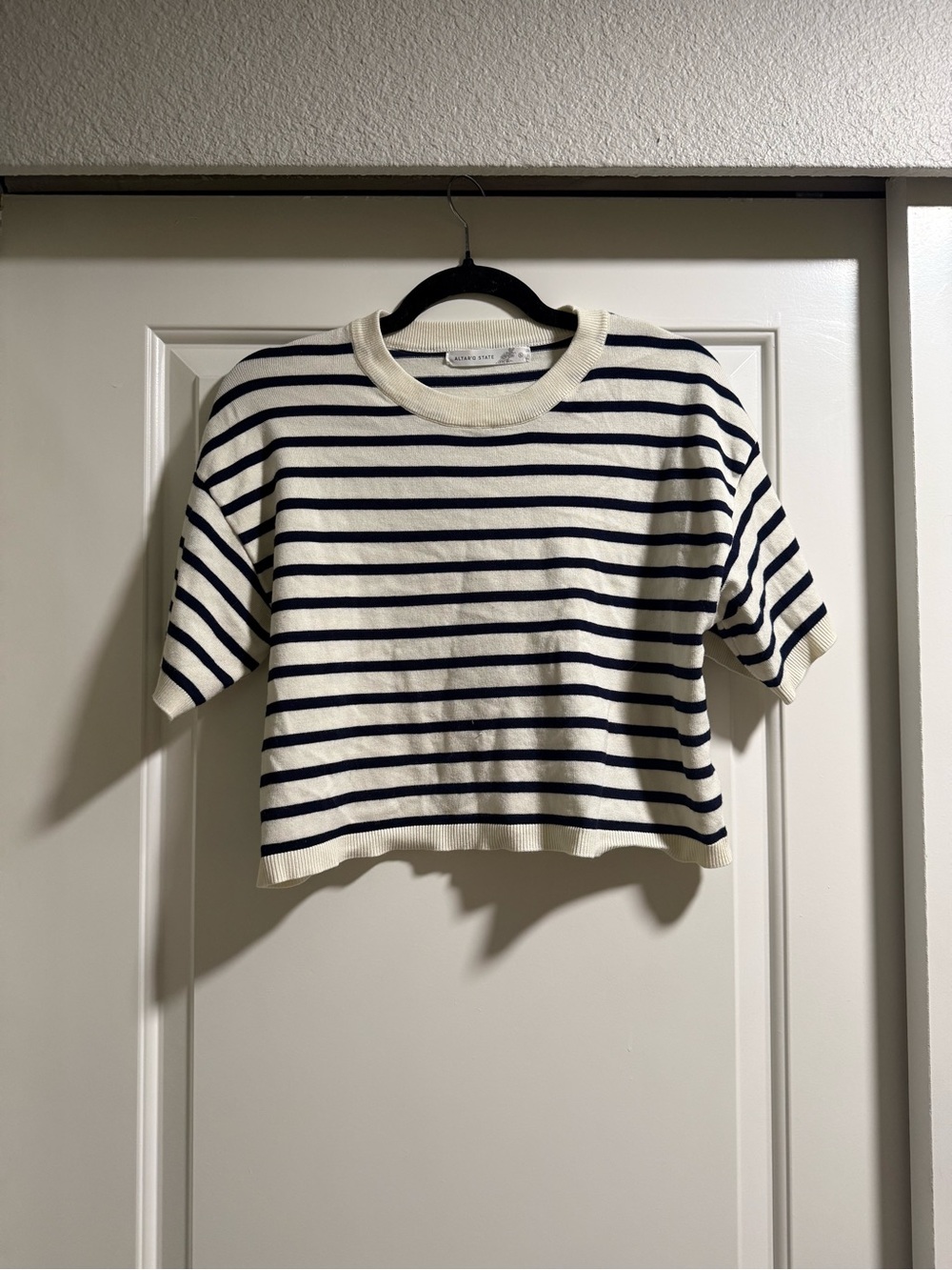 Altar'd State Cream & Navy Striped Cropped Tee